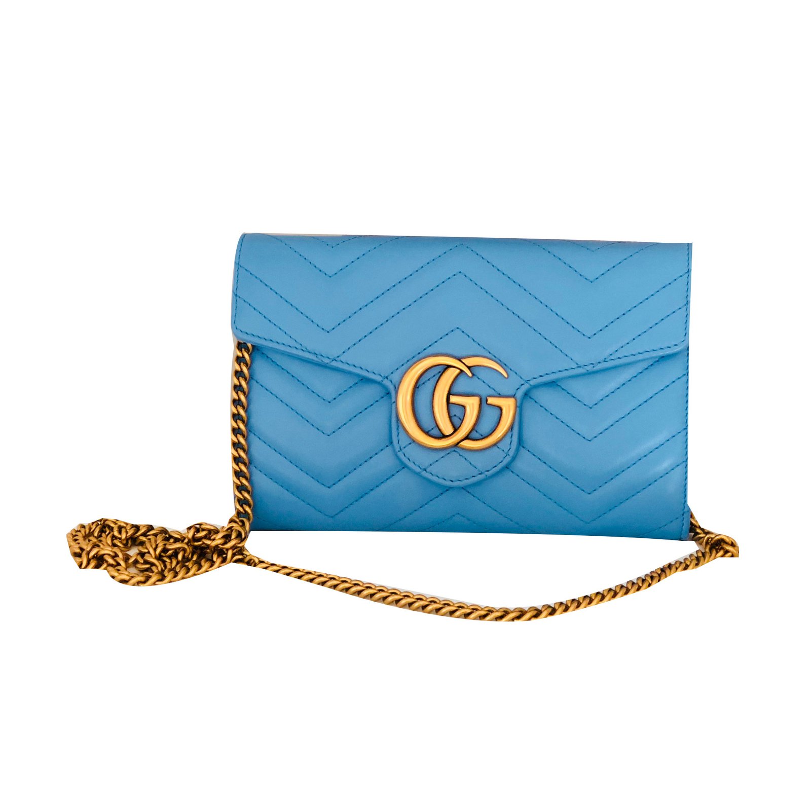 Gucci Marmont Chevron Chain wallet bag Handbags Leather Blue ref.55520 - Joli Closet